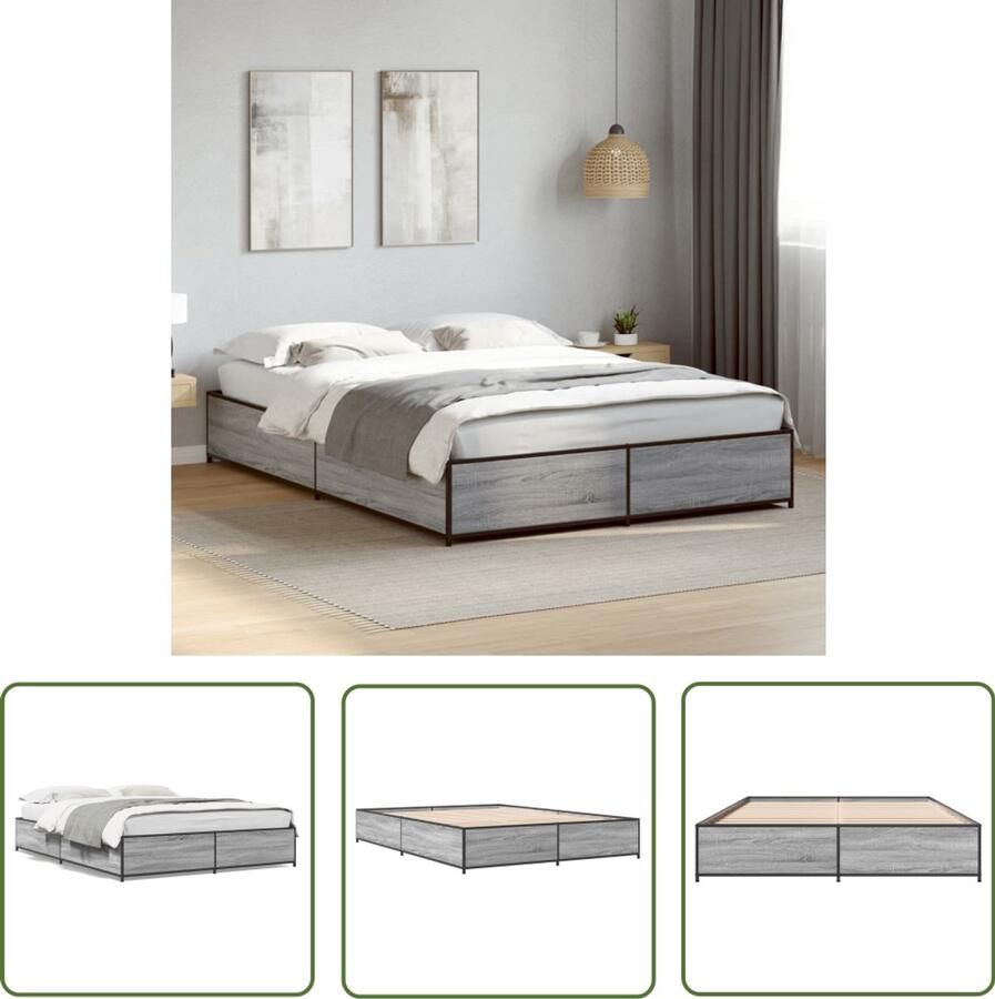 VidaXL Houten Bed Frame Slaapcomfort Bedframe bewerkt hout metaal grijs sonoma eiken 120x190 cm Metalen Bed Frame Bed Frame 120x190 Sonoma Eiken Kleur