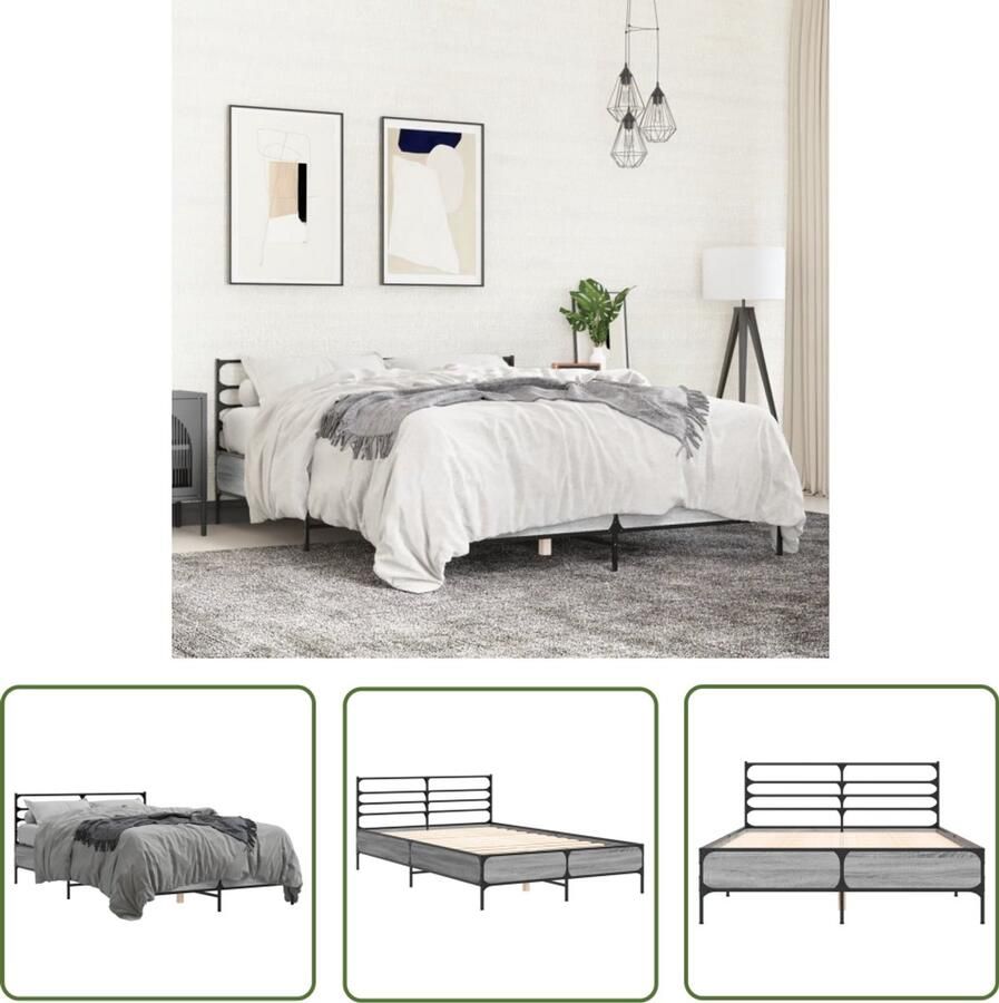 VidaXL Bedframe bewerkt hout metaal grijs sonoma eiken 120x200 cm Slaapcomfort Houten Bed Frame Grijs Bed Tweepersoons Bed King Size Bed