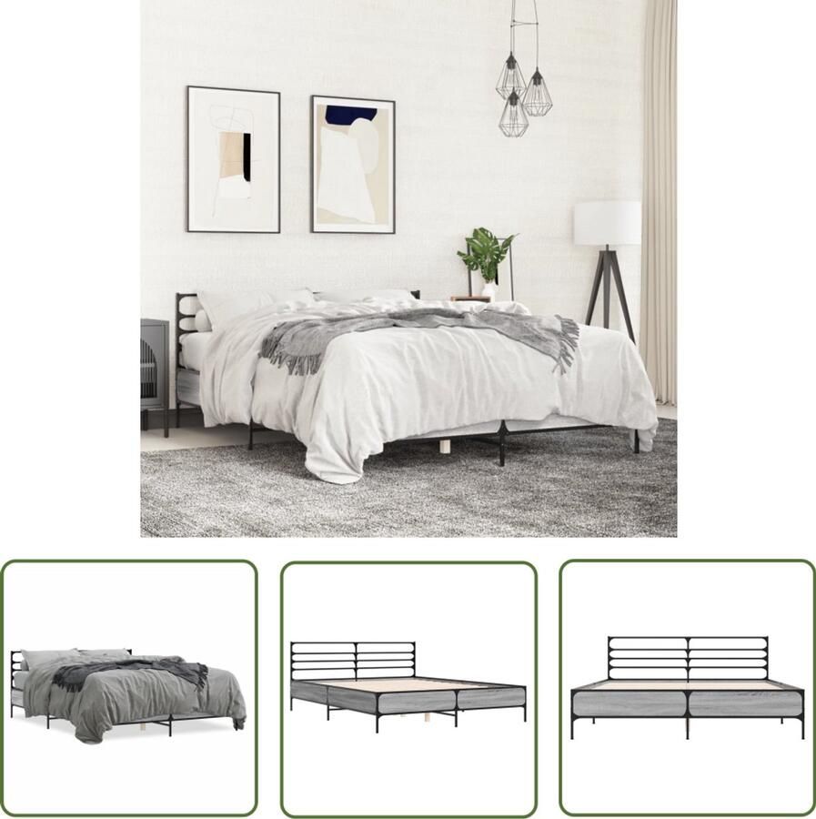 VidaXL Houten Bed Frame Slaapcomfort Bedframe bewerkt hout metaal grijs sonoma eiken 160x200 cm Tweepersoonsbed Grijs Bed 160x200