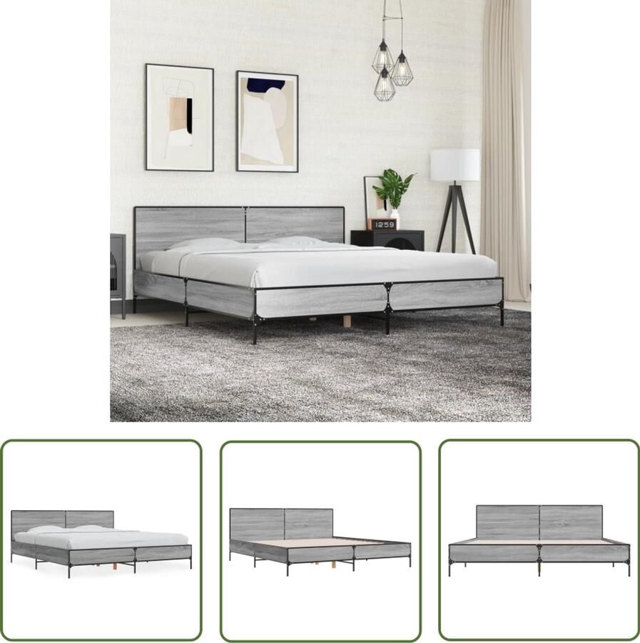 VidaXL Houten Bed Frame Slaapcomfort Bedframe bewerkt hout metaal grijs sonoma eiken 200x200 cm Metalen Bed Frame Boxspring Bed Tweepersoons Bed