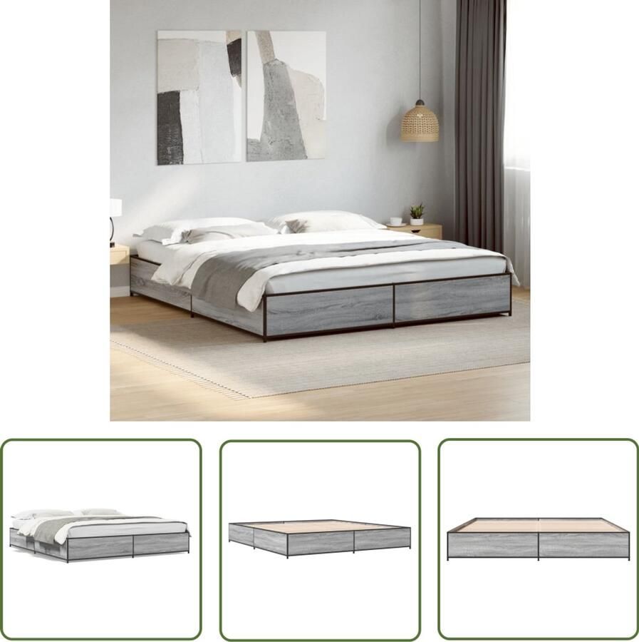 VidaXL Houten Bed Frame Slaapcomfort Bedframe bewerkt hout metaal grijs sonoma eiken 200x200 cm Metalen Bed Frame Bed Frame 200x200 Grijze Bed Frame
