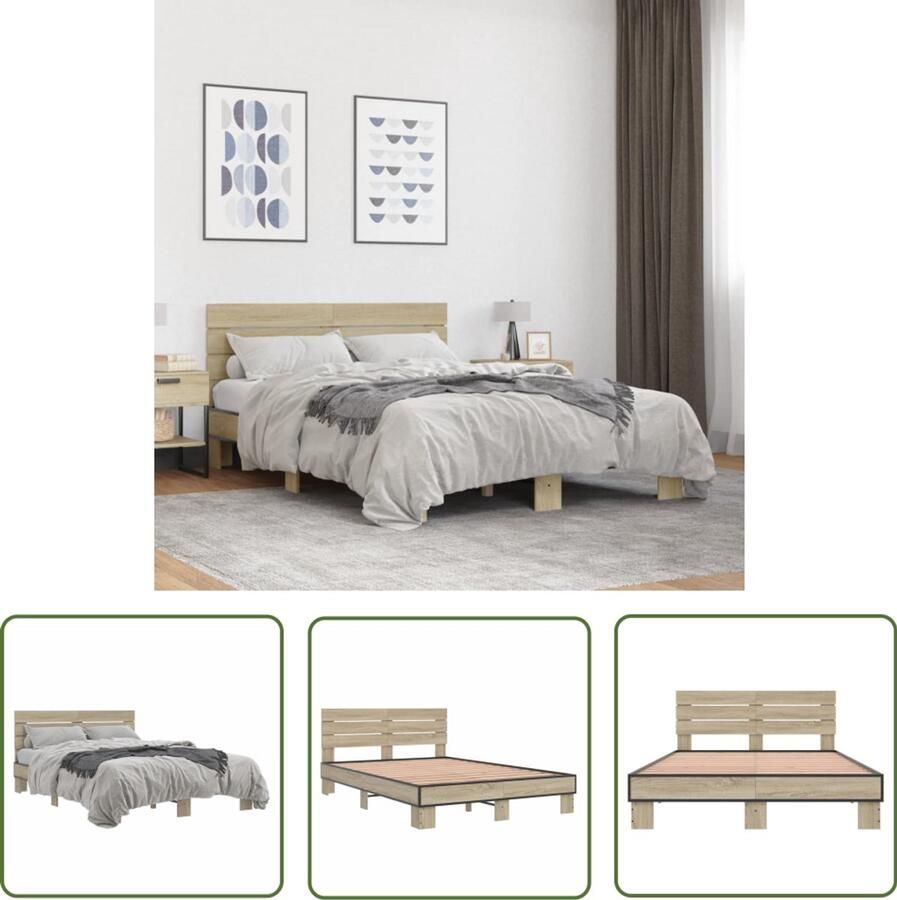 VidaXL Bedframe bewerkt hout metaal sonoma eikenkleurig 120x190 cm Slaapcomfort Houten Bed Frame Sonoma Eiken Kleur Tweepersoons Bed Frame 120x190