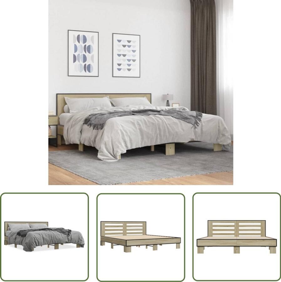 VidaXL Bedframe bewerkt hout metaal sonoma eikenkleurig 180x200 cm Slaapcomfort Houten Bed Frame Sonoma Eiken Tweepersoons Bed Boxspring Bed