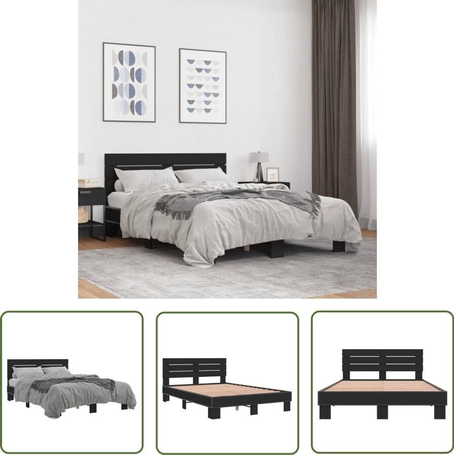 VidaXL Houten Bed Frame Slaapcomfort Bedframe bewerkt hout metaal zwart 135x190 cm Zwarte Bedbank Tweepersoons Bed King Size Bed