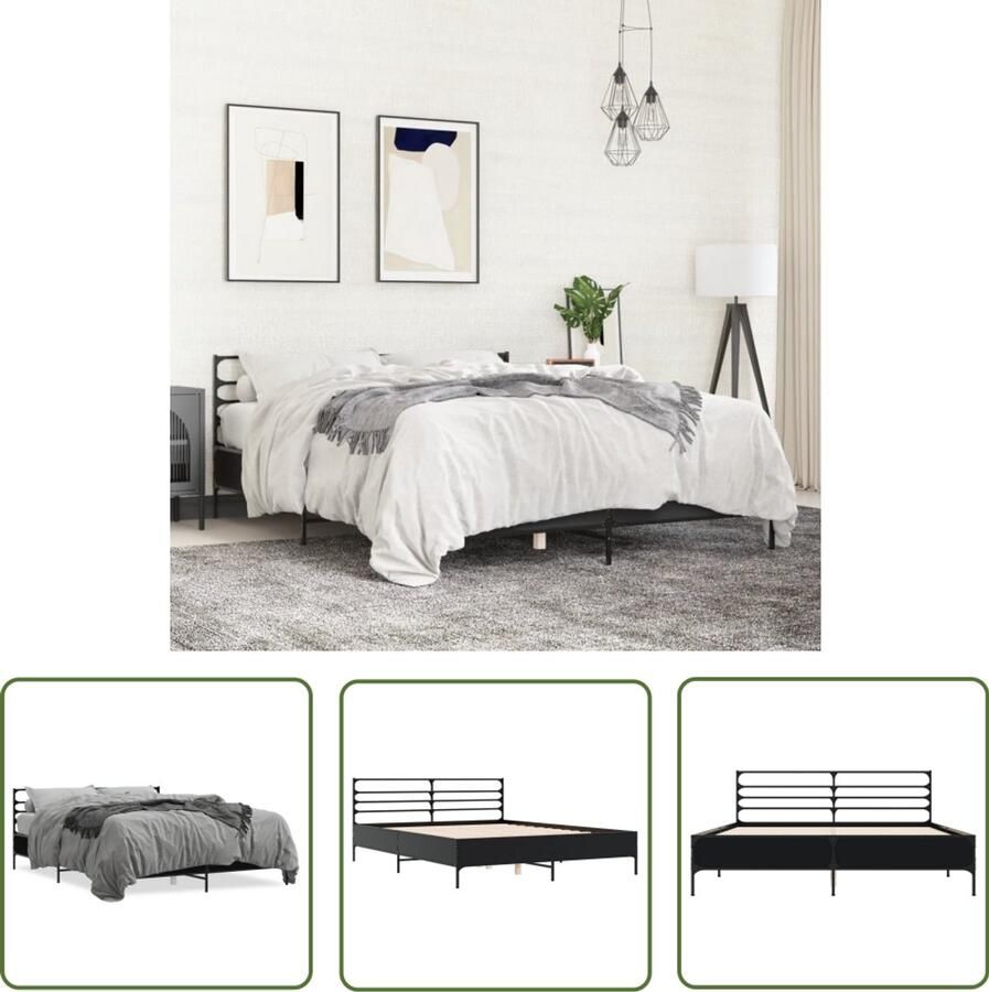VidaXL Bedframe bewerkt hout metaal zwart 160x200 cm Slaapcomfort Houten Bed Frame Zwarte Bedbank Tweepersoons Bed Boxspring Bed