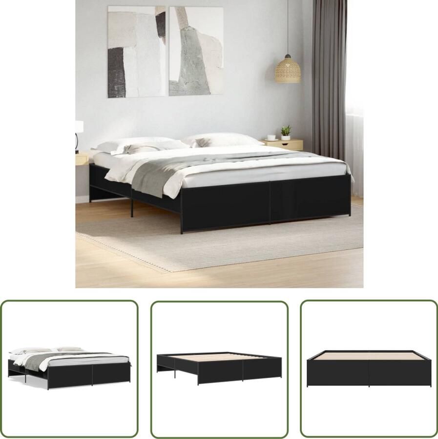 VidaXL Bedframe bewerkt hout metaal zwart 200x200 cm Slaapcomfort Houten Bed Frame Zwarte Bedbank Tweepersoons Bed Boxspring Bed