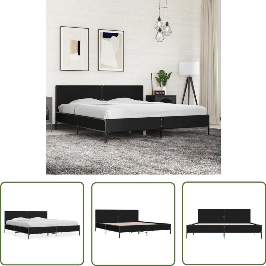 VidaXL Bedframe bewerkt hout metaal zwart 200x200 cm Slaapcomfort Houten Bed Frame Zwarte Bedbank Tweepersoons Bed Boxspring Onderstel