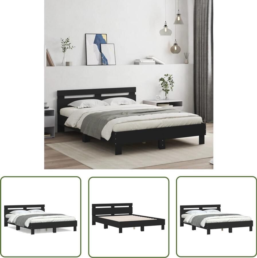VidaXL Houten Bed Frame Slaapcomfort Bedframe met hoofdbord bewerkt hout zwart 140x190 cm Zwarte Bedbank Tweepersoonsbed King Size Bed