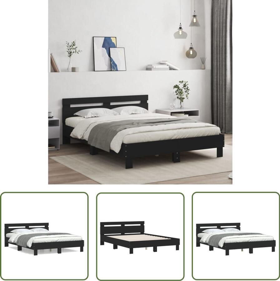 VidaXL Houten Bed Frame Slaapcomfort Bedframe met hoofdbord bewerkt hout zwart 140x200 cm Bed Met Hoofdbord Tweepersoonsbed Modern Bed