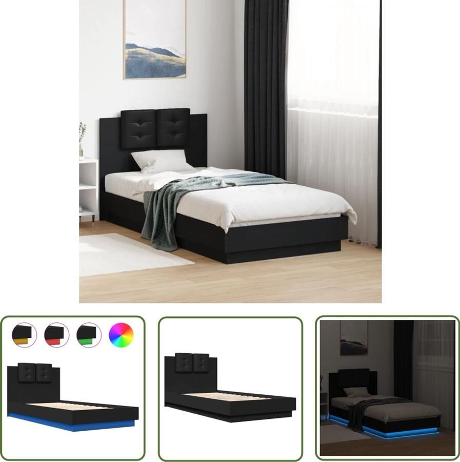 VidaXL Bedframe met hoofdbord en LED-verlichting zwart 75x190 cm Slaapcomfort Houten Bed Frame Zwarte Bedden Led Lampjes Bed Compact Bed