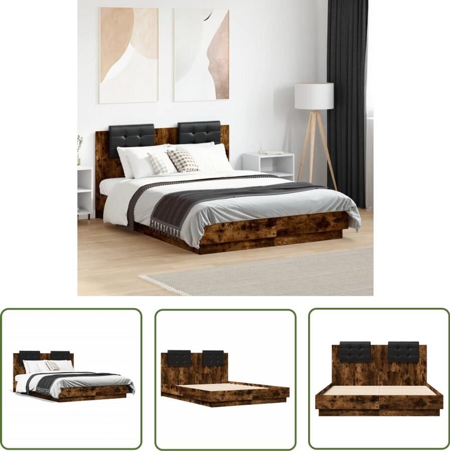 VidaXL Houten Bed Frame Slaapcomfort Bedframe met hoofdeinde bewerkt hout gerookt eiken 135x190 cm Gerookt Eiken Tweepersoonsbed Boxspring Bed