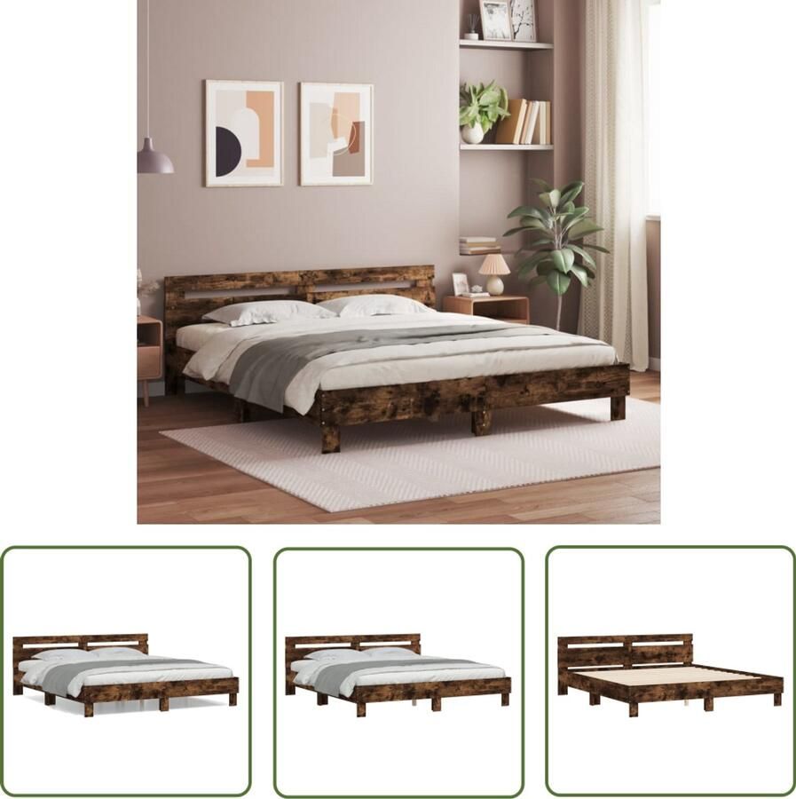 VidaXL Houten Bed Frame Slaapcomfort Bedframe met hoofdeinde bewerkt hout gerookt eiken 200x200 cm Gerookt Eiken Tweepersoons Bed Boxspring Bed