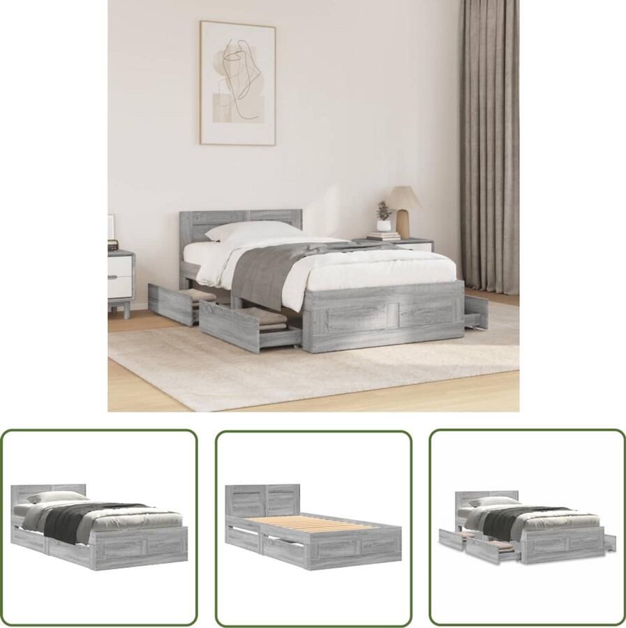 The Living Store Bedframe met hoofdeinde bewerkt hout grijs sonoma 90x200 cm Slaapcomfort Houten Bed Frame Tweepersoons Bed Boxspring Bed Opberglade