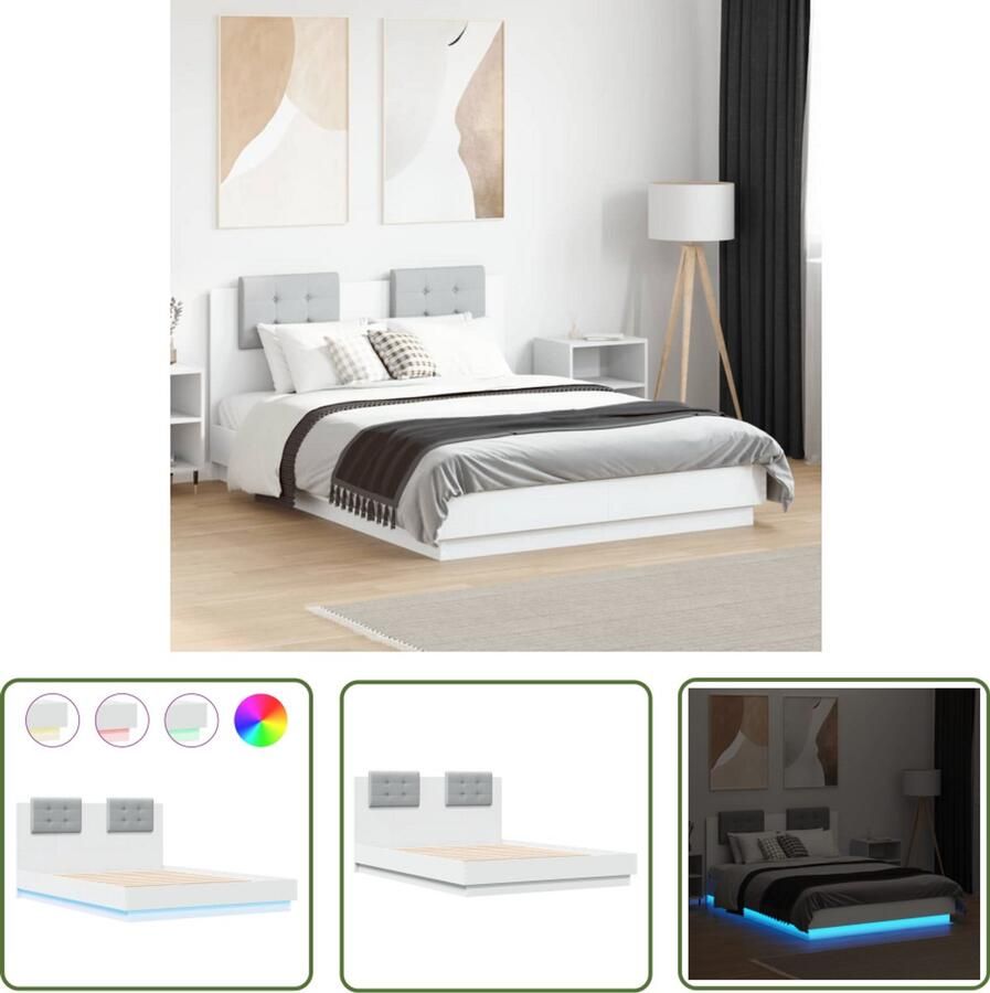 VidaXL Houten Bed Frame Slaapcomfort Bedframe met hoofdeinde en LED-verlichting wit 140x190 cm Tweepersoons Bed Led Verlichting Bed Design Bed