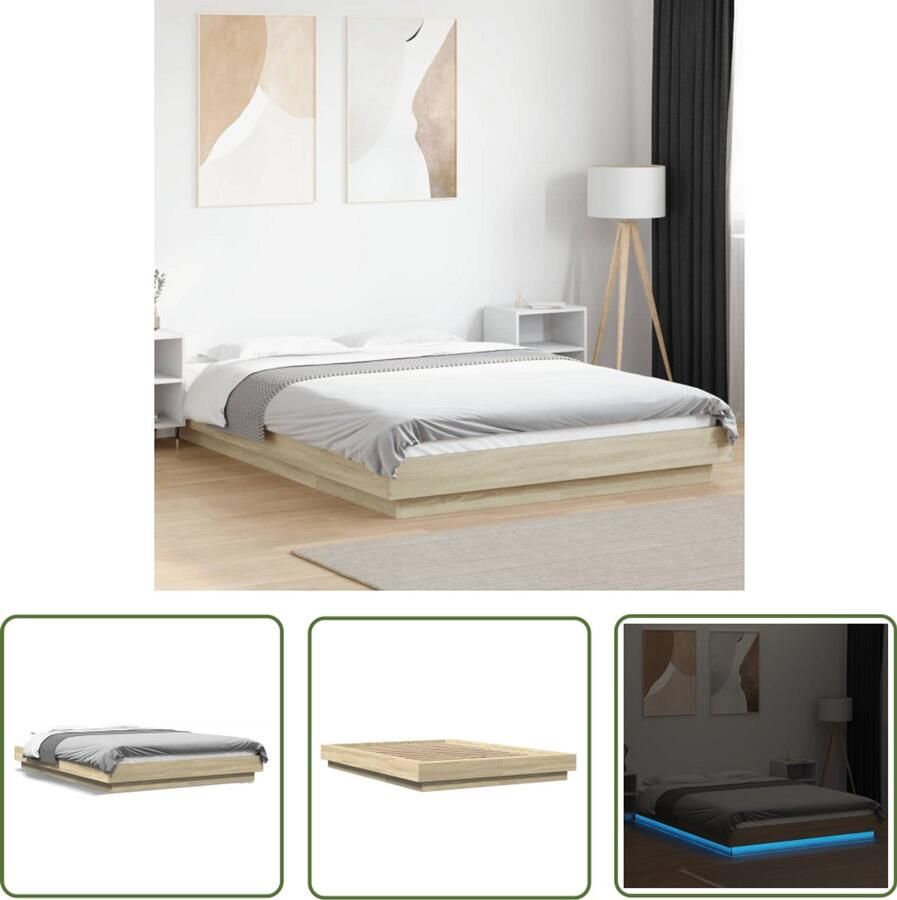 VidaXL Houten Bed Frame Slaapcomfort Bedframe met LED-verlichting sonoma eikenkleurig 120x200 cm Led Lampjes Sonoma Eiken Tweepersoons Bed