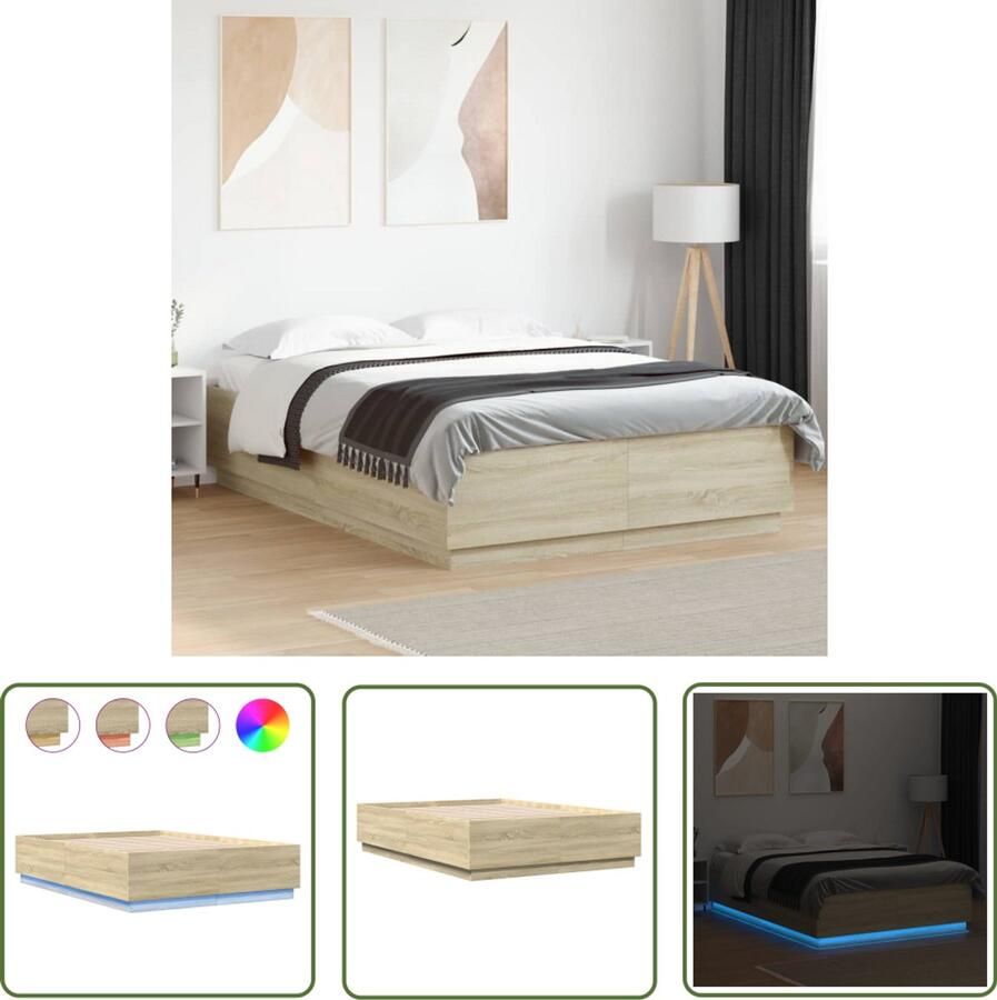 VidaXL Houten Bed Frame Slaapcomfort Bedframe met LED-verlichting sonoma eikenkleurig 120x200 cm Led Lampjes Bedroom Decoratie Modern Design
