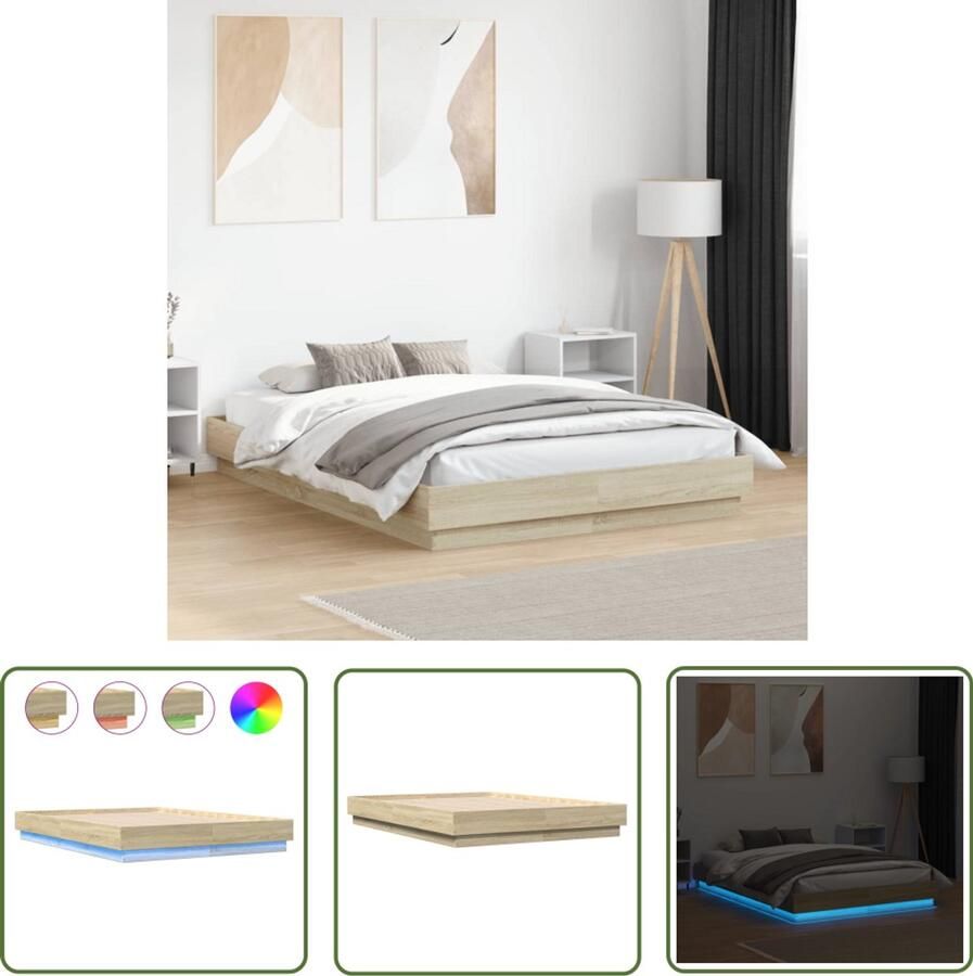 VidaXL Bedframe met LED-verlichting sonoma eikenkleurig 135x190 cm Slaapcomfort Houten Bed Frame Led Verlichting Sonomapine Tweepersoonsbed
