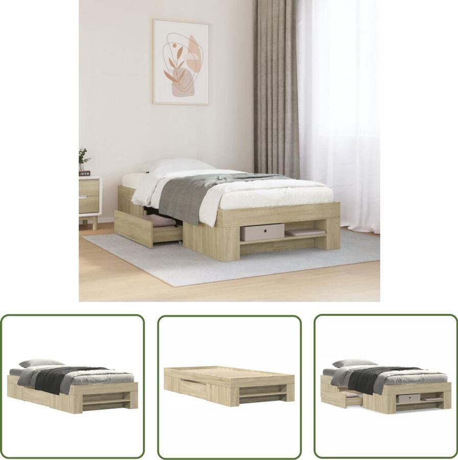 The Living Store Bedframe zonder matras hout sonoma eikenkleurig 75x190 cm Slaapkamers Houten Bed Frame Bed Frame Met Opbergvakken Tweepersoons Bed Enkelbed
