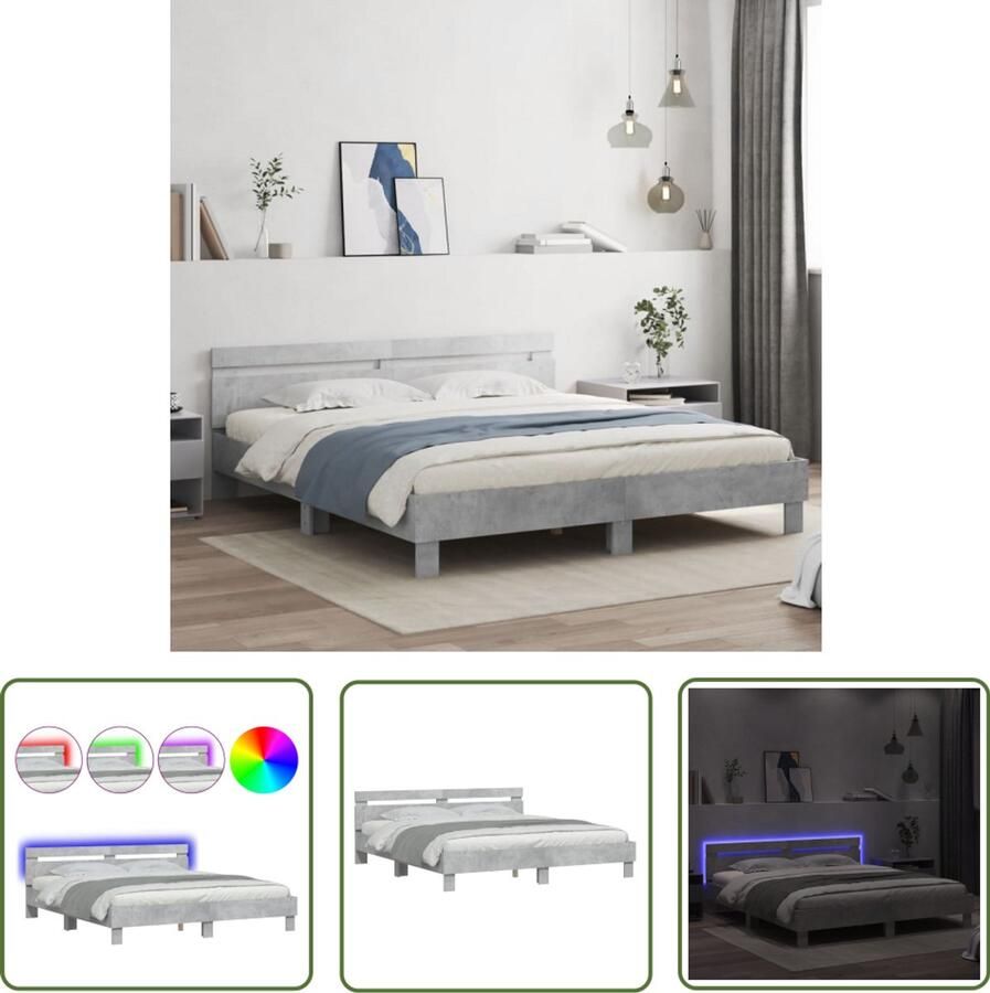 VidaXL Houten Bed Frame Slaapkamersdecoratie Bedframe met hoofdeinde en LED-licht betongrijs 200x200 cm Led Bed Frame Tweepersoons Bed Groot Bed
