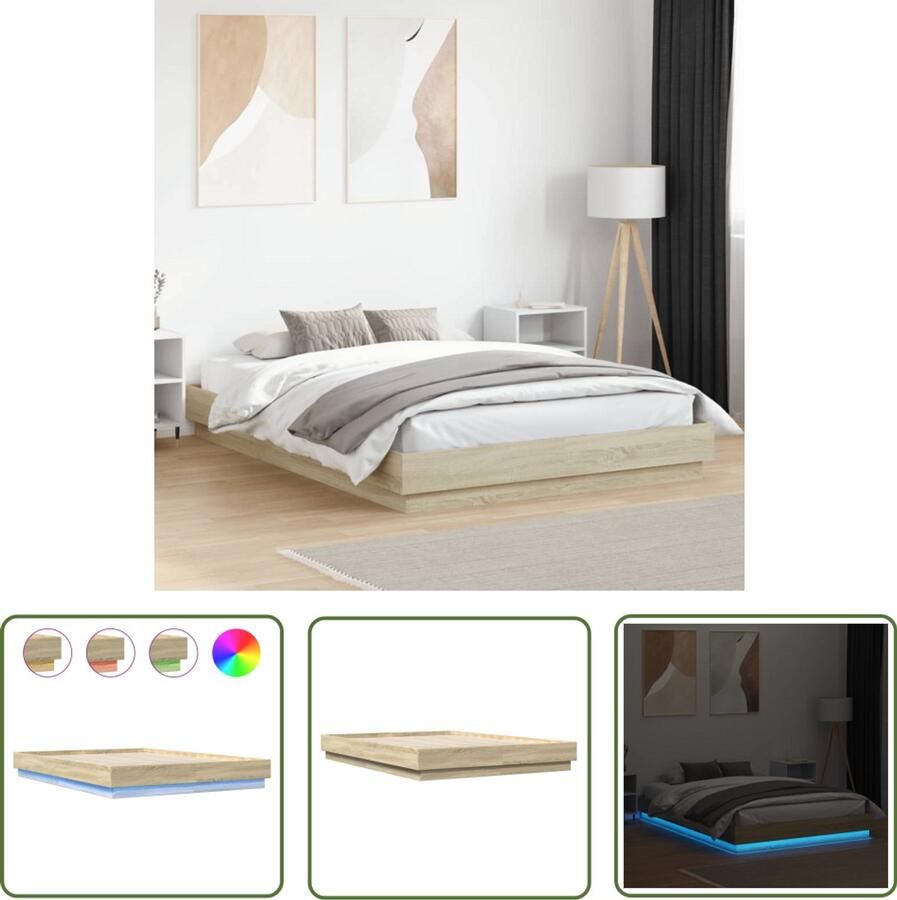 VidaXL Bedframe met LED-verlichting sonoma eikenkleurig 160x200 cm Slaapkamersdecoratie Houten Bed Frame Led Lampen Bed Sonomakleur Tweepersoonsbed