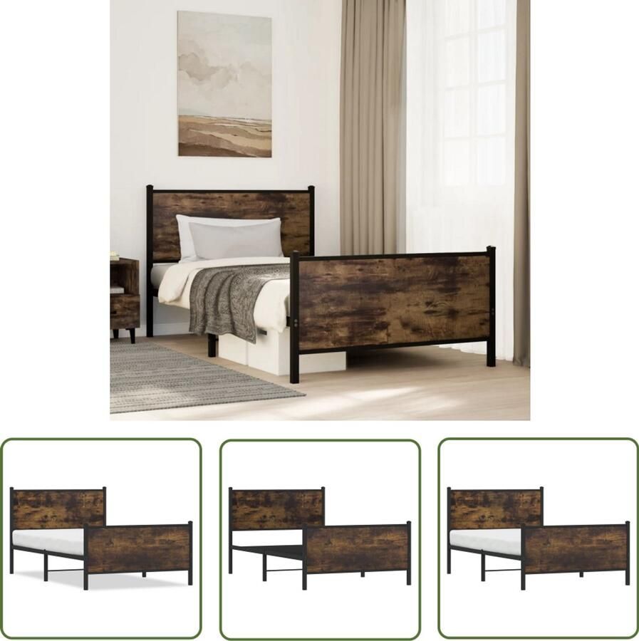 VidaXL Houten Bed Frame Staal Bed Frame Bedframe zonder matras metaal gerookt eikenkleurig 100x190 cm Bruine Bed Frame Industrieel Bed Frame Modern Bed Frame