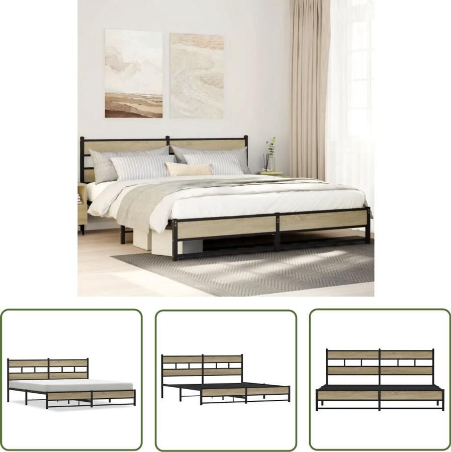 The Living Store Bedframe zonder matras metaal sonoma eikenkleurig 193x203 cm Staal Bed Frame Houten Bed Frame Tweepersoons Bed Hoofdbord Bed Met Opbergruimte