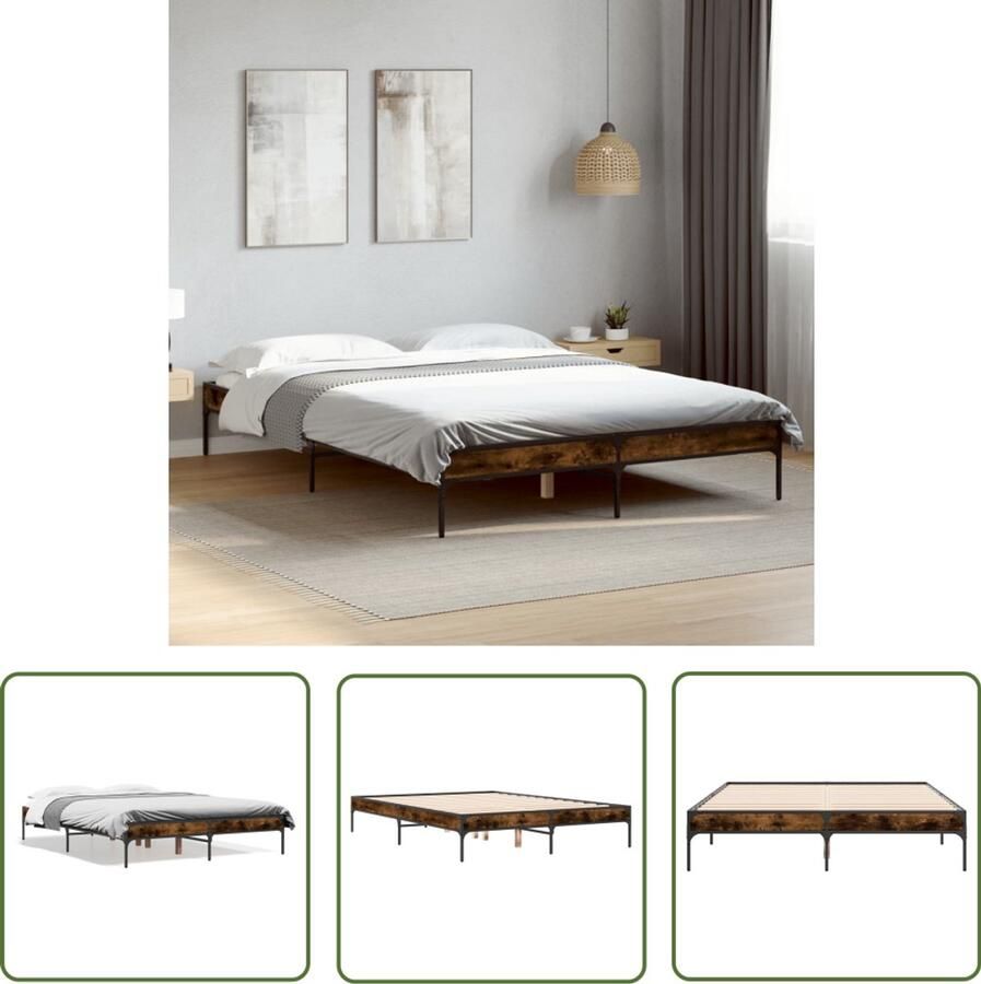 VidaXL Houten Bed Frame Stijlvol Bed Frame Bedframe bewerkt hout metaal gerookt eikenkleurig 120x190 cm Bruine Bed Frame Tweepersoons Bed Frame King Size Bed Frame
