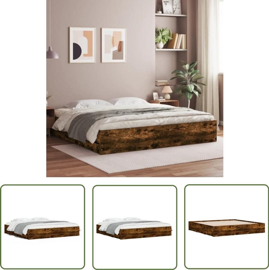 VidaXL Houten Bed Frame Stijlvol Bed Frame Bedframe met lades bewerkt hout gerookt eikenkleurig 200x200 cm Bruine Bed Frame Tweepersoons Bed Frame Boxspring Bed Frame