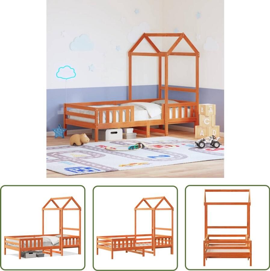 VidaXL Houten Bed Kinderbed Bedframe met huisje massief grenenhout wasbruin 100x200 cm Grenenhouten Bed Kids Bed Tweepersoons Bed