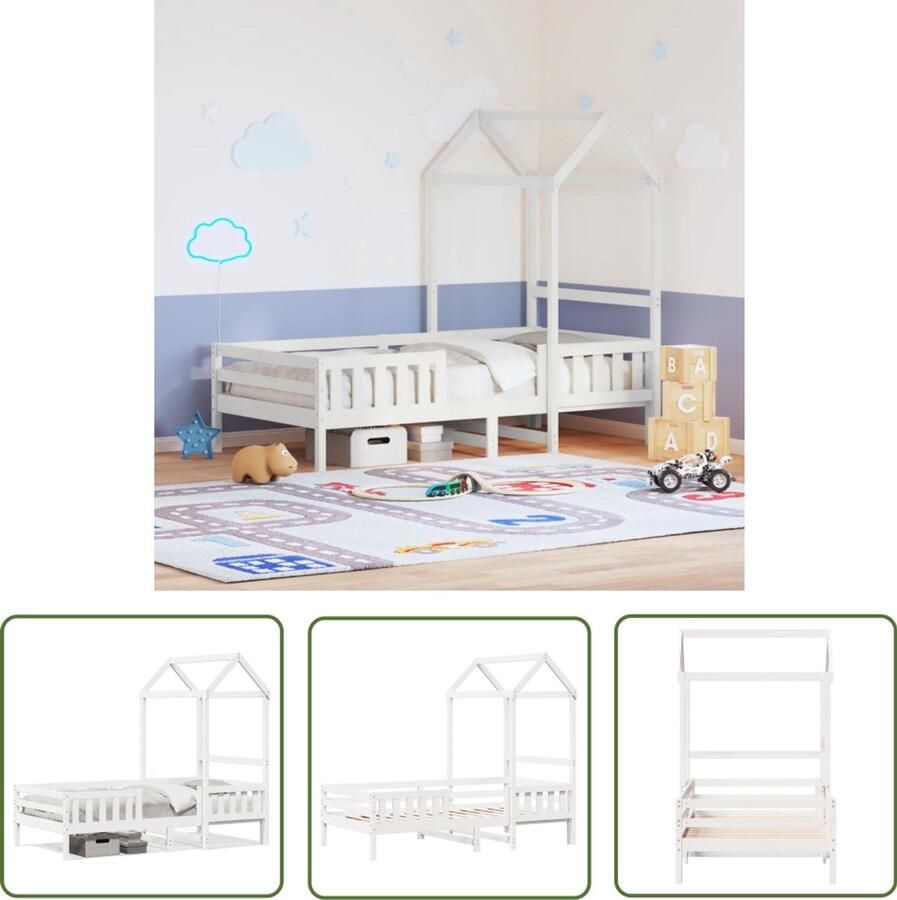 VidaXL Houten Bed Kinderbed Bedframe met huisje massief grenenhout wit 90x200 cm Grenenhouten Bed Frame Kids Bed