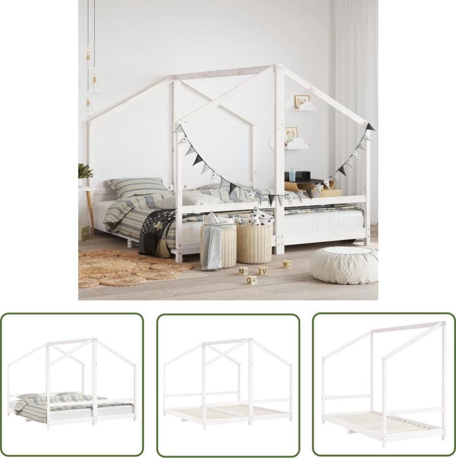 The Living Store Kinderbedframe 2x(90x190) cm massief grenenhout wit Kinderbed Houten Bed Kids Bed Grenenhouten Bed Wit Bed