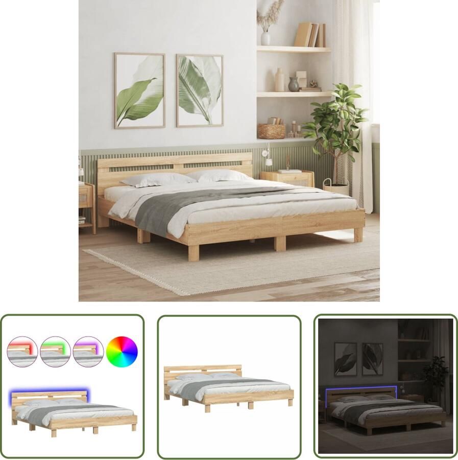The Living Store Bedframe met hoofdeinde en LED sonoma eikenkleurig 200x200 cm Led Bed Houten Bed Met Led Verlichting Sonoma Eiken Bed Tweepersoons Bed