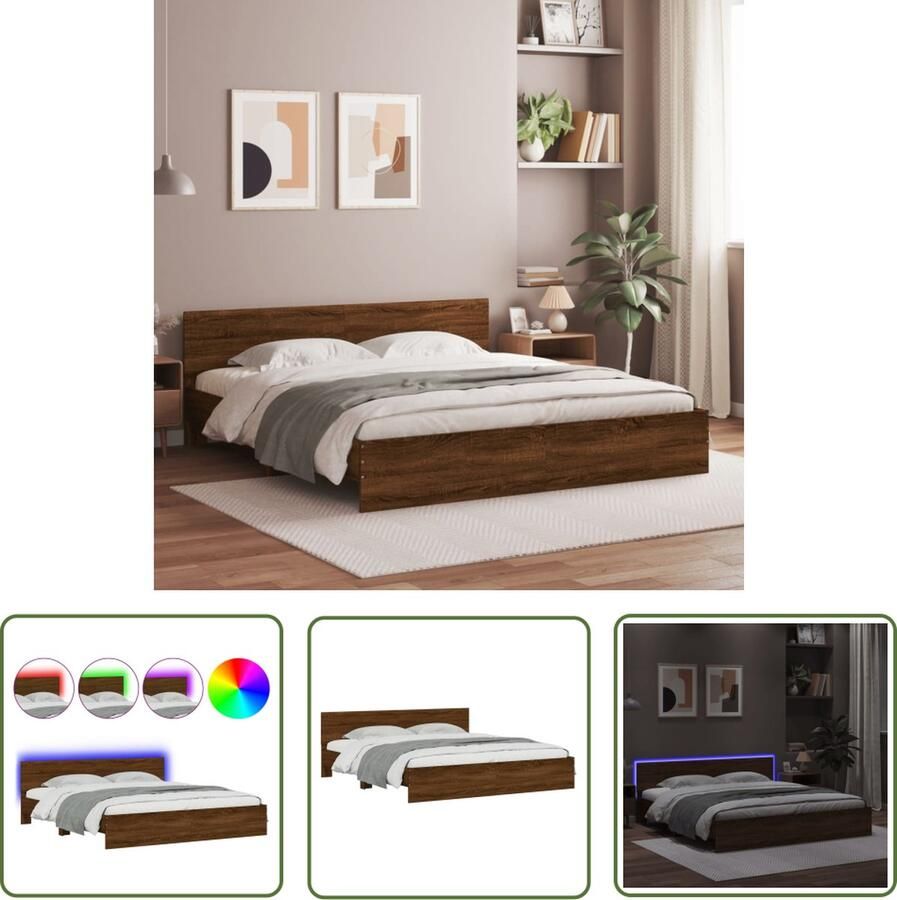 The Living Store Bedframe met hoofdeinde en LED bruin eikenkleur 180x200 cm Led Bed Frame Houten Bed Tweepersoons Bed Bruin Bed Modern Bed