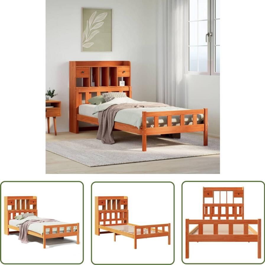 VidaXL Houten Bed Met Boekenkast Bed met boekenkast zonder matras grenenhout wasbruin 75x190 cm Bed Frame Bibliotheek Bed Slaapkamer Meubel