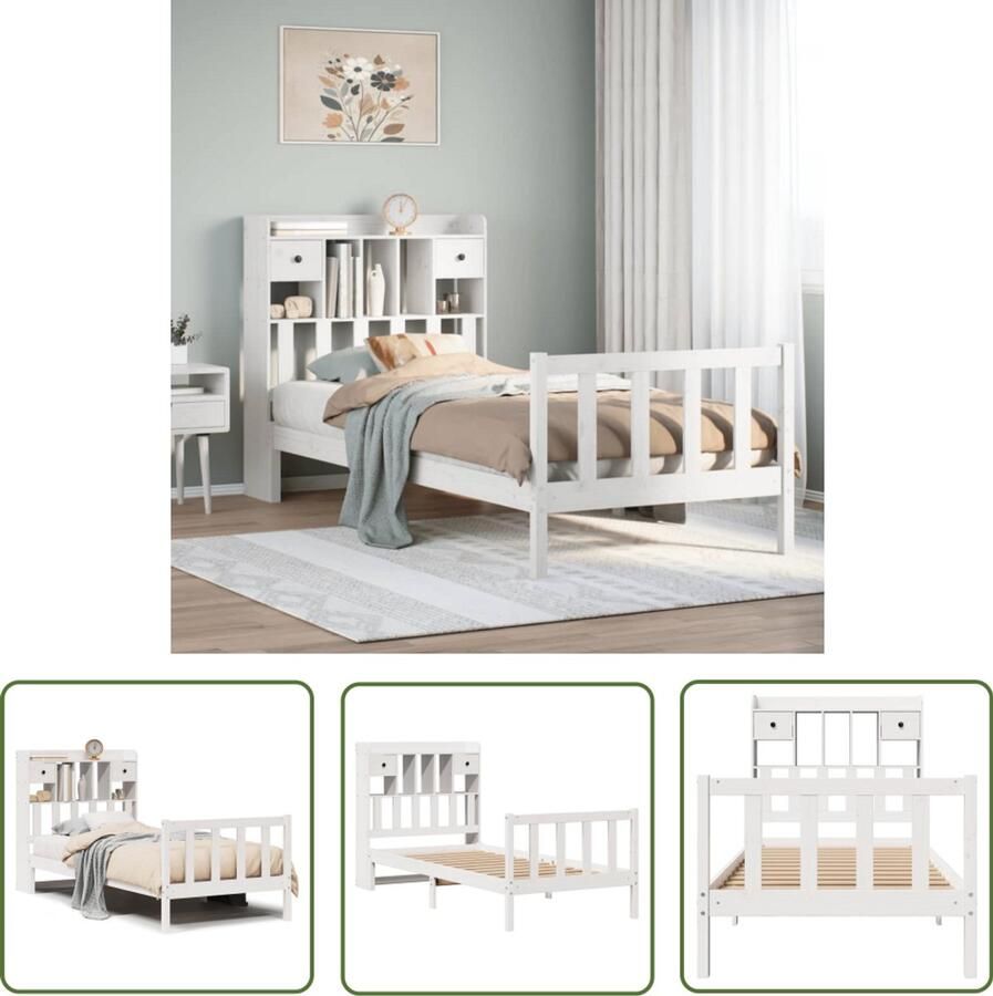 VidaXL Houten Bed Met Boekenkast Bed met boekenkast zonder matras grenenhout wit 75x190 cm Bed Frame Bibliotheek Bed Slaapkamer Meubel