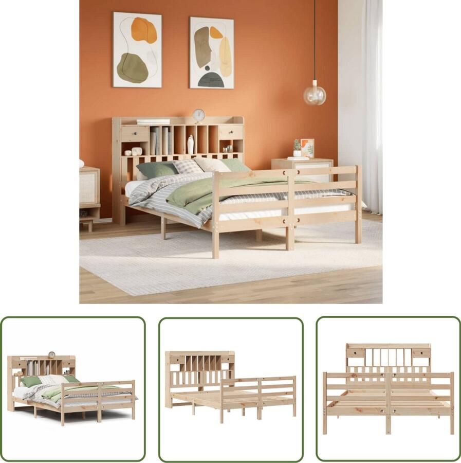 VidaXL Bed met boekenkast zonder matras massief grenenhout 140x200 cm Bed Met Boekenkast Houten Bed Grenenhouten Bed Tweepersoonsbed Bedframe