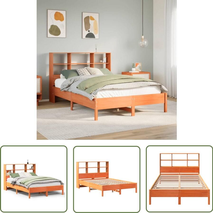 VidaXL Bed met boekenkast zonder matras grenenhout wasbruin 135x190 cm Bed Houten Bed Slaapbank Slaapkamers Bibliotheekbed