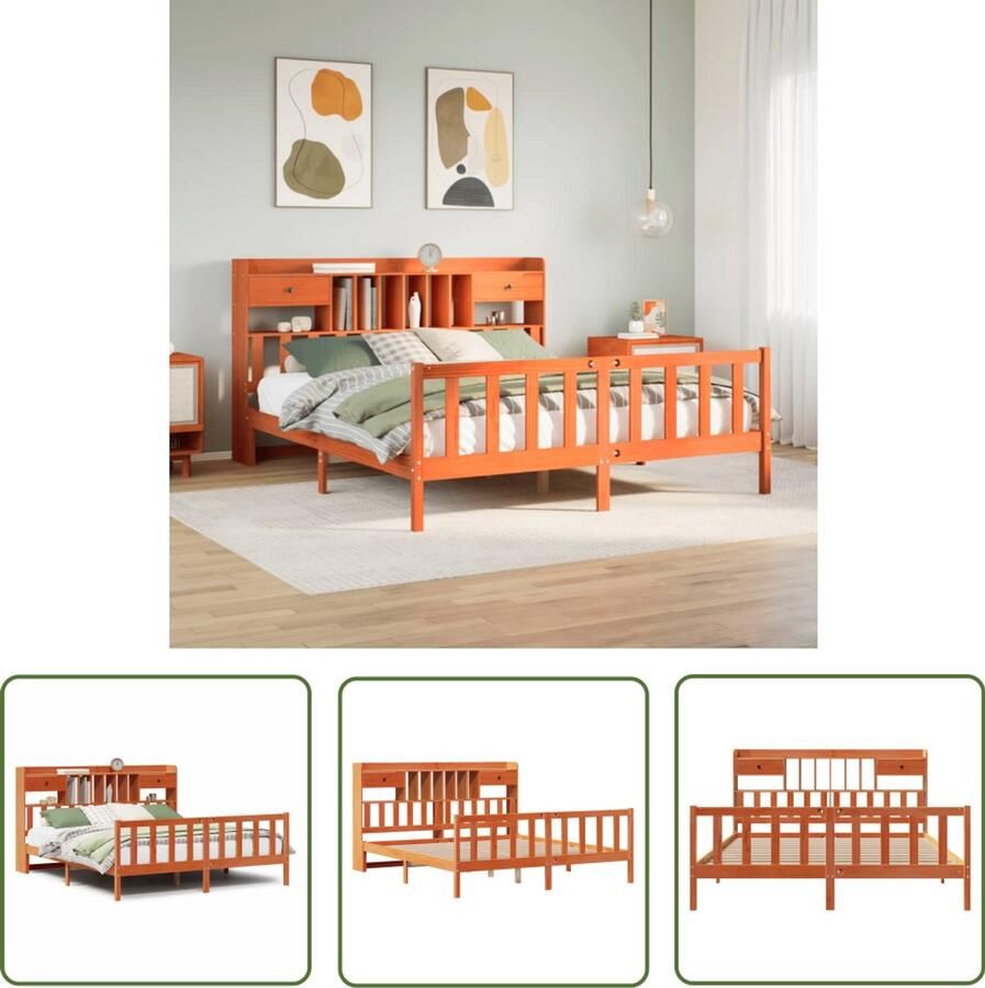 VidaXL Bed met boekenkast zonder matras grenenhout wasbruin 200x200 cm Bed Houten Bed Slaapbank Bibliotheekbed Boekenkastbed