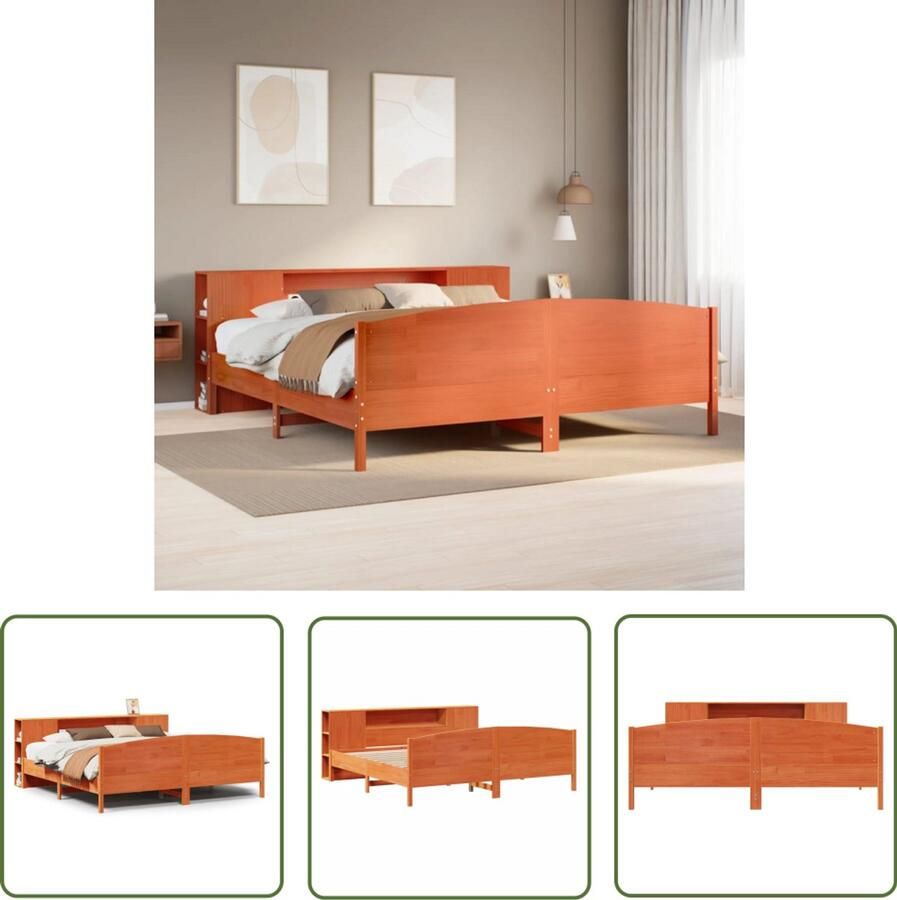 VidaXL Bed met boekenkast zonder matras grenenhout wasbruin 200x200 cm Bed Houten Bed Slaapkamersuite Bibliotheekbed Boekenkastbed