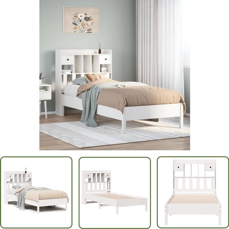 VidaXL Bed met boekenkast zonder matras grenenhout wit 100x200 cm Bed Houten Bed Slaapbank Boxspring Kinderbed