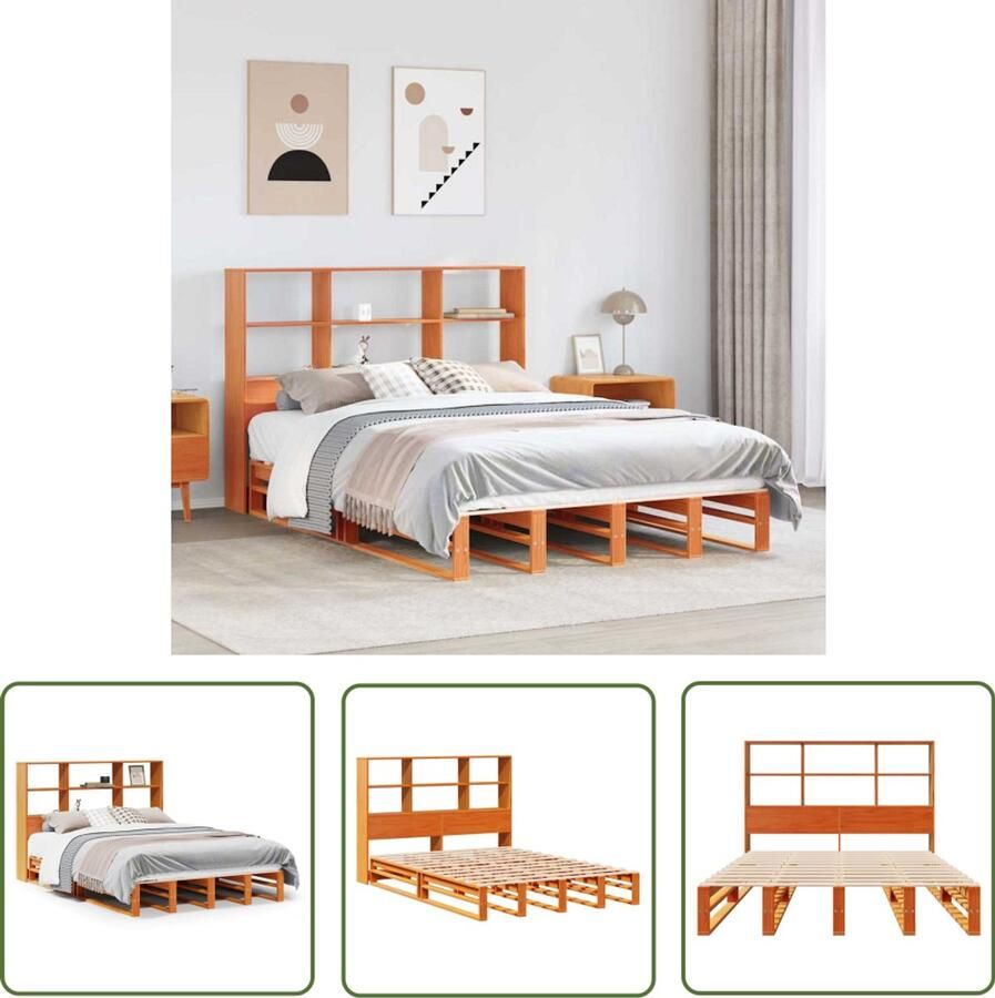 VidaXL Bed met boekenkast zonder matras hout wasbruin 140x190 cm Bed Houten Bed Met Kast Boekenkastbed Tweepersoonsbed