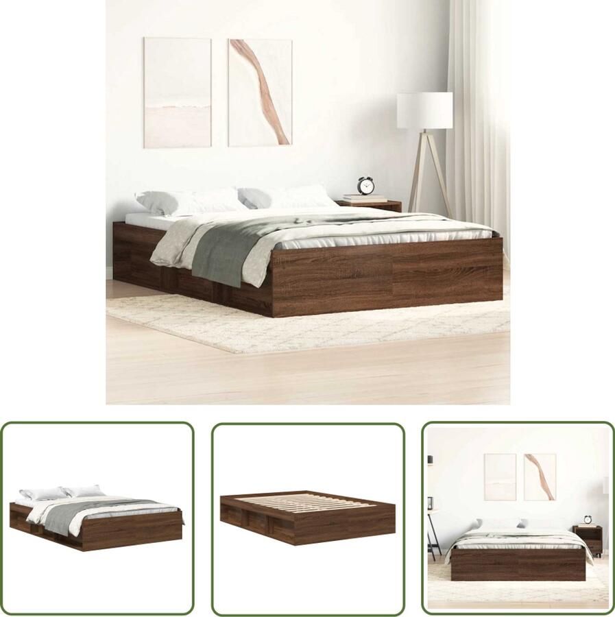 The Living Store Bedframe Modern houten Opslag 193x143cm Bruineiken Modern Bed Frame Houten Bed Bruine Eiken Kleur Tweepersoons Bed Opbergvakken Bed
