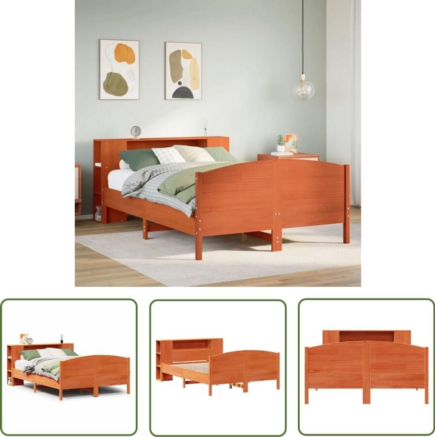 VidaXL Bed met boekenkast zonder matras grenenhout wasbruin 135x190 cm Slaapbank Houten Bed Hoofdboard Met Kast Bibliotheekbed Stapelbaar Bed