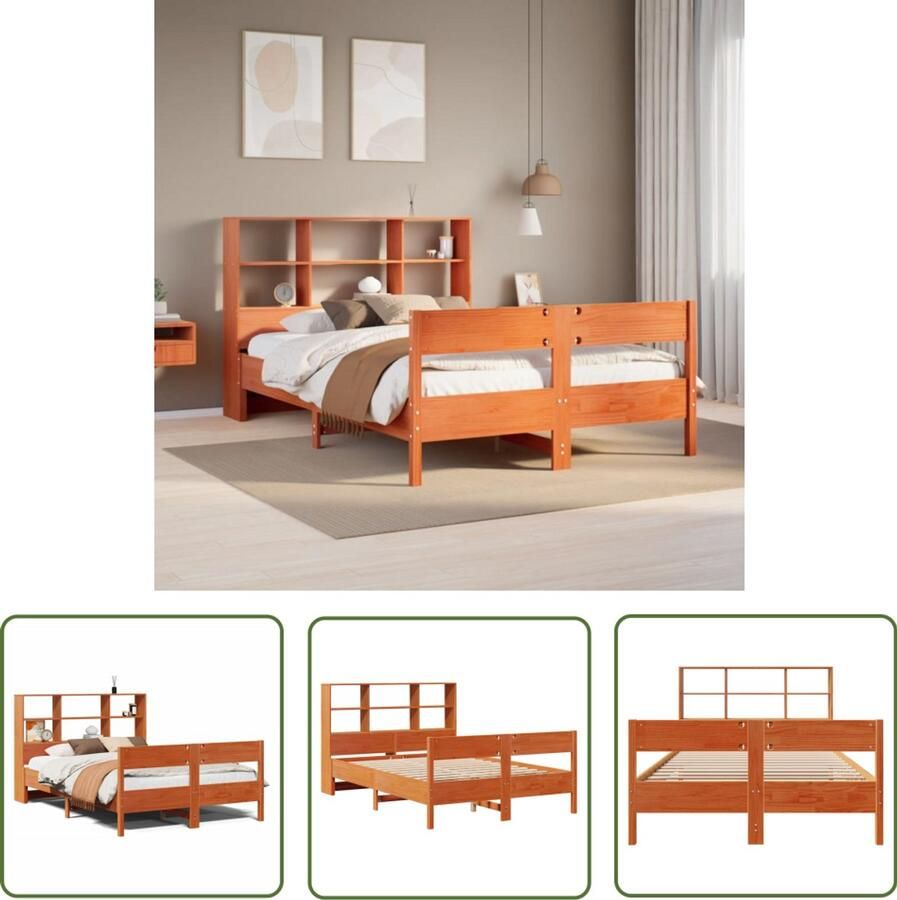 The Living Store Bed met boekenkast zonder matras grenenhout wasbruin 140x200 cm Slaapbank Houten Bed Tweepersoonsbed Bibliotheekbed Stapelbare Bed