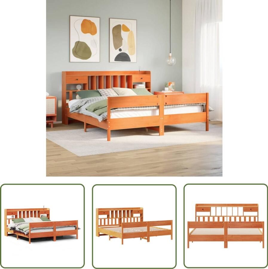 VidaXL Houten Bed Slaapbank Bed met boekenkast zonder matras grenenhout wasbruin 180x200 cm Tweepersoonsbed Boxspring Hoofdboard Met Kast