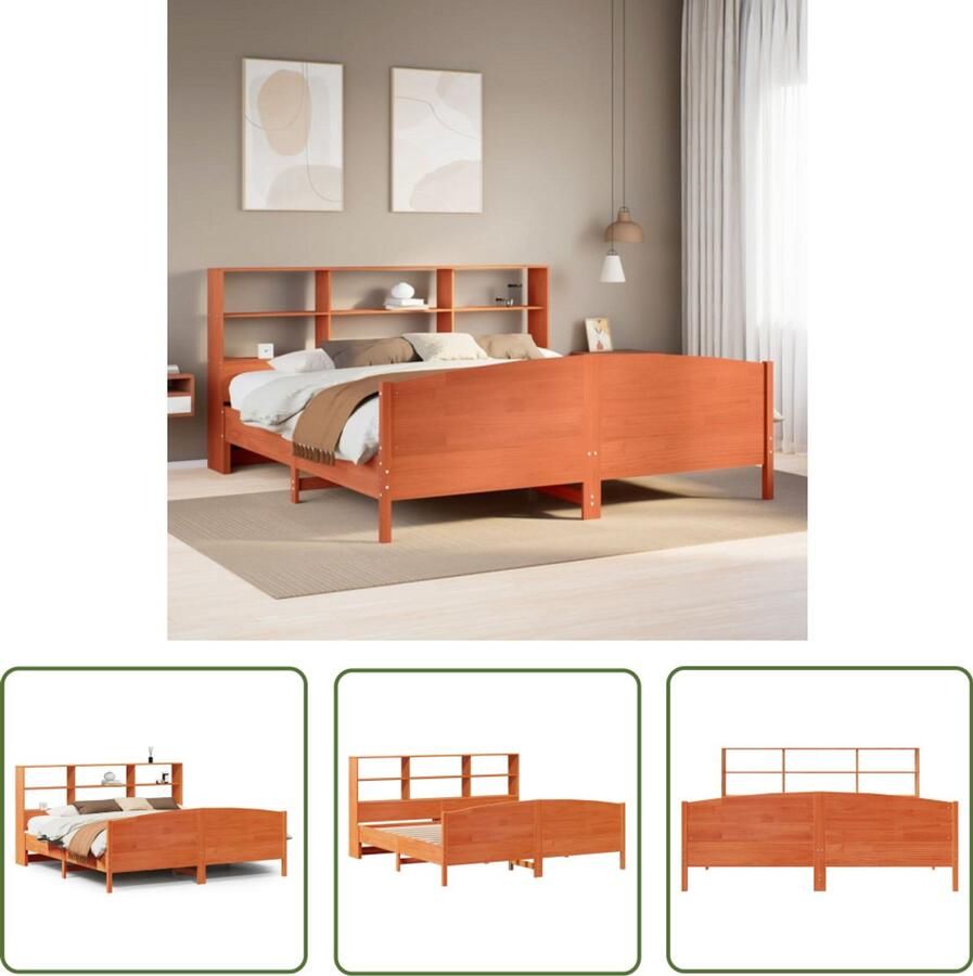 VidaXL Houten Bed Slaapbank Bed met boekenkast zonder matras grenenhout wasbruin 200x200 cm Bed Met Kast Bibliotheekbed Tweepersoonsbed