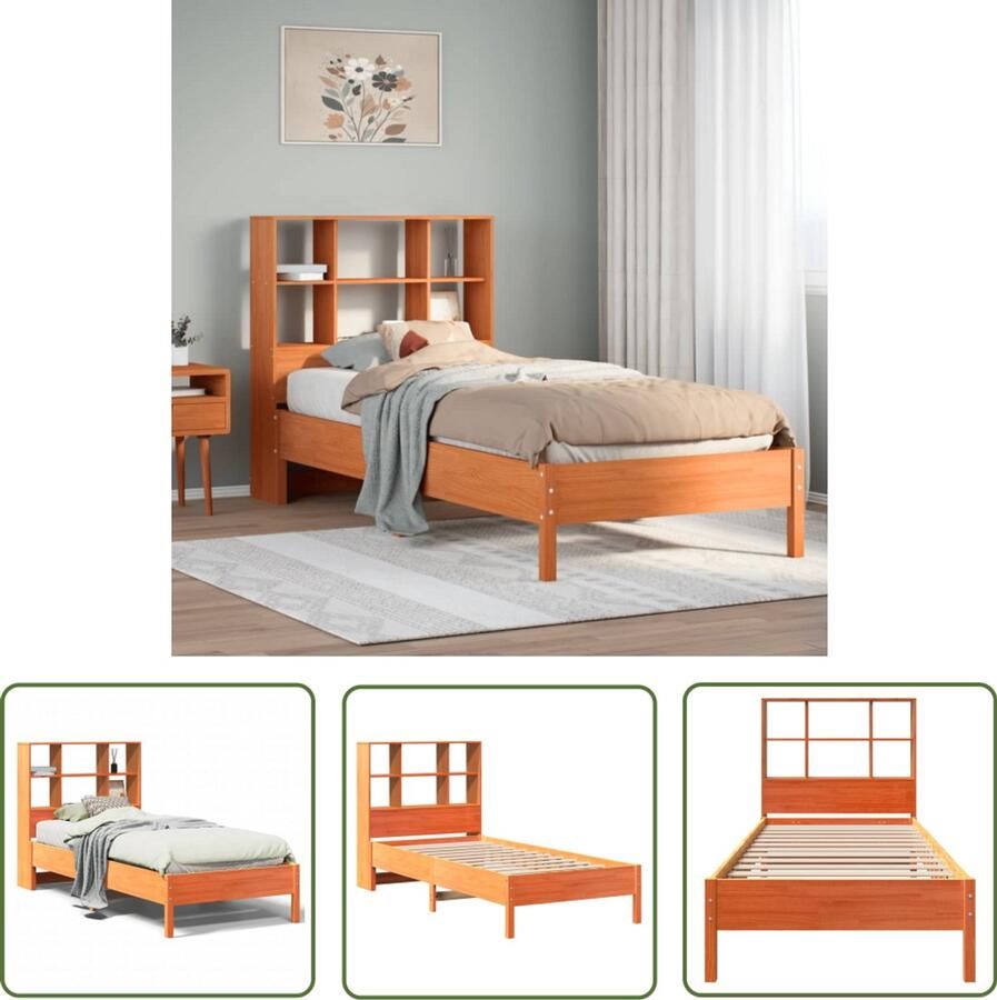 VidaXL Bed met boekenkast zonder matras grenenhout wasbruin 90x190 cm Slaapbank Houten Bed Tweepersoonsbed Kingsize Bed Boxspring
