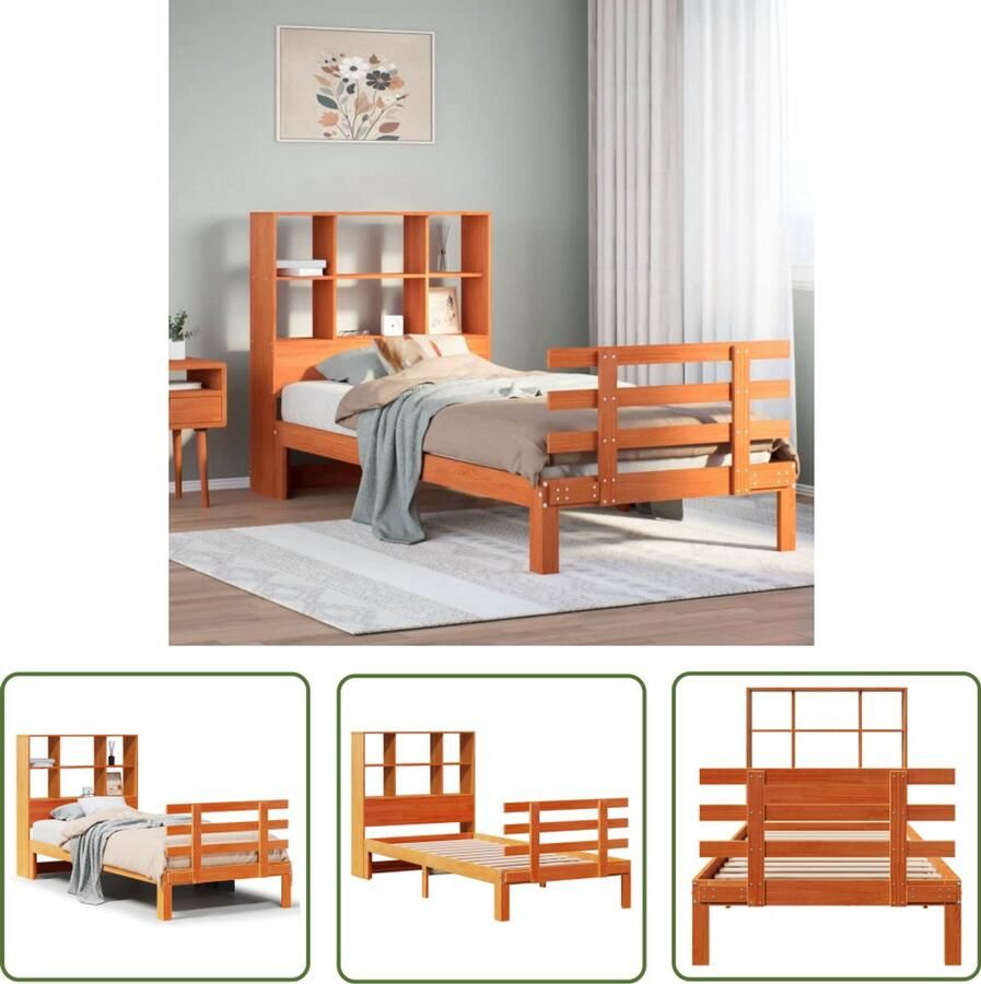 VidaXL Houten Bed Slaapbank Bed met boekenkast zonder matras grenenhout wasbruin 90x200 cm Tweepersoonsbed Kingsize Bed Boxspring