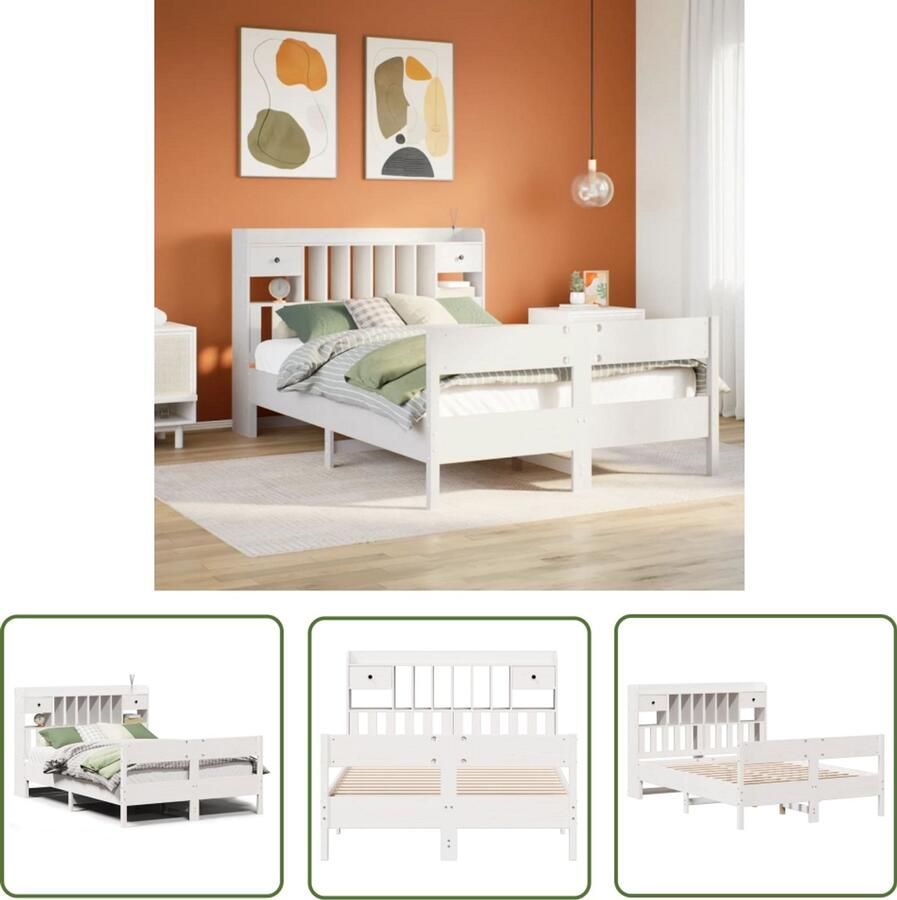 VidaXL Houten Bed Slaapbank Bed met boekenkast zonder matras grenenhout wit 135x190 cm Bed Met Kast Bibliotheekbed Gastenkamer Bed