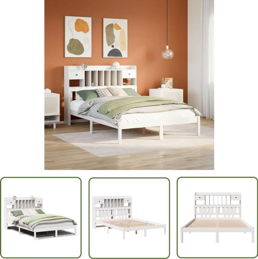 VidaXL Houten Bed Slaapbank Bed met boekenkast zonder matras grenenhout wit 140x200 cm Hoofdboard Met Laden Tweepersoonsbed Bed Met Kast